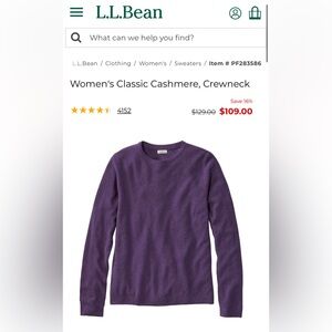 L.L. Bean women’s darkest purple classic cashmere crewneck sweater size Medium